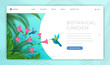 © Pavlo Plakhotia - Botanical garden landing page template. Watching exotic rare flora and fauna species, tropical hummingbirds in wild nature. Summertime tourist attraction website page design layout