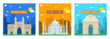 Welcome To India, Mumbai, Delhi, Agra Card Set. Travel Of The India Of Flyer, Magazines, Book Cover, Layout Concept, Template, Banner, Logo Design, Icon, Poster, Unit, Label, Web Header - Vector.