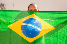 Brazilian Young Black Man Student With Brazil Flag.