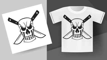 Wall Mural - Skull With Knives Print On T-shirt. Vector Illustration