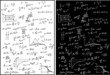 Physical formulas white and black vector background. Thermodynamics, electrodynamics, quantum physics. Maxwell Formulas, Rayleigh Scattering, Graphs and Mathematical Distributions.