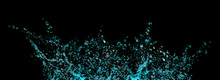 Splashes And Drops Of Water On A Black Background. Turquoise, Tinted. Abstract Or Background Image, Selective Focus. Banner