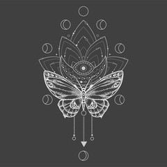 Vector illustration with hand drawn butterfly and Sacred symbol on black background. Abstract mystic sign.