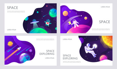 Wall Mural - set of web banners templates. presentation. space explore. ufo. children cartoon vector illustration
