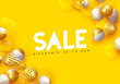 Sale banner with gold and silver balls, render 3d round spheres. Sale Promotion Poster and shopping template. Flyer design placard, brochure, web border. Flat liquid droplets, geometric shapes