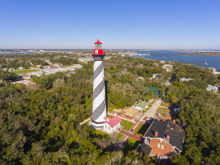 St. Augustine Lighthouse aerial view. This light is a National Historic Landmark on Anastasia Island in St. Augustine, Florida, USA.