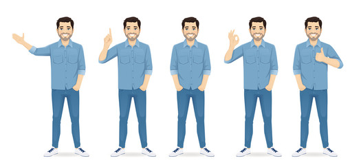 Wall Mural - Handsome man in casual clothes standing in different poses set isolated vector illustration