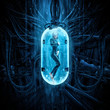 © grandeduc - The woman clone pod / 3D illustration of science fiction scene showing human female figure in inside complex futuristic alien incubator cloning machinery