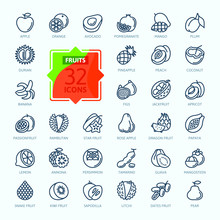 Fruits, Exotic Fruits, Vegetarian - Minimal Thin Line Web Icon Set.  Included The Simple Vector Icons As Mango, Durian, Rambutan, Guava, Tamarind, Jackfruit.  Outline Icons Collection.