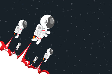 flat design, astronauts team launch jet engine with red smoke go out into space, vector illustration