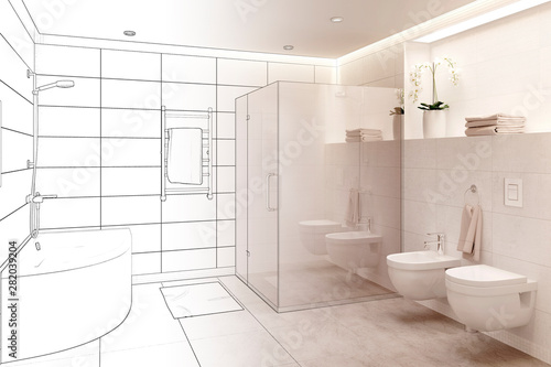 Cuadros en Lienzo 3d illustration. Sketch of modern white bathroom interior