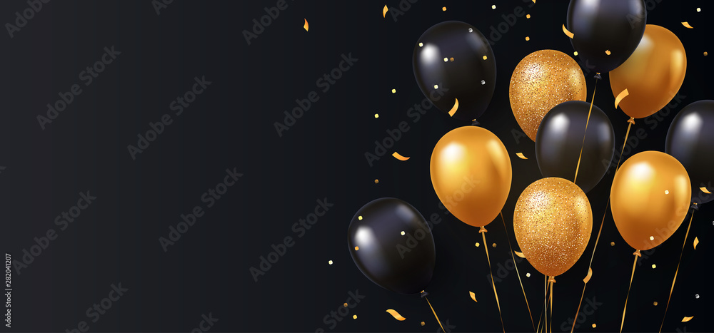 Celebration, festival background with helium balloons. Greeting banner or poster with gold and black realistic 3d vector flying balloons. Celebrate a birthday poster. Happy anniversary card.  - obrazy, fototapety, plakaty 