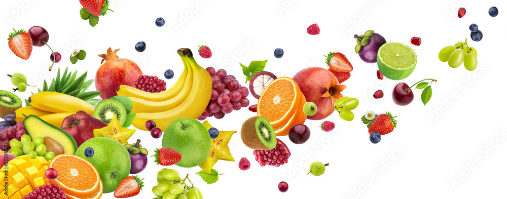 Flying fruits and berries isolated on white background - obrazy, fototapety, plakaty 
