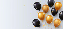 Celebration, Festival Background With Helium Balloons. Greeting Banner Or Poster With Gold And Black Realistic 3d Vector Flying Balloons. Celebrate A Birthday Poster. Happy Anniversary Card. 