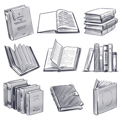 Wall Mural - Hand drawn book. Retro sketch engraving monochrome notebooks. Library and bookstore elements, pile of old books vector set