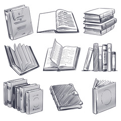 Hand drawn book. Retro sketch engraving monochrome notebooks. Library and bookstore elements, pile of old books vector set