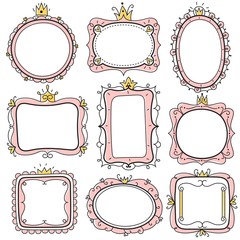 Princess frames. Pink cute floral mirror frames with crown, kids certificate borders. Little girl birthday invitation card vector set