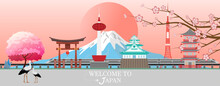 Panorama Travel Postcard, Tour Advertising Of Of Japan. Vector Illustration.