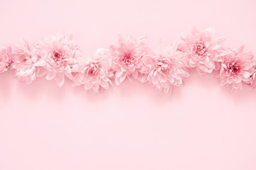 Wall Mural - Beautiful flowers composition. Pink flowers on pastel pink background. Valentines Day, Easter, Happy Women's Day, Mother's day. Flat lay, top view, copy space