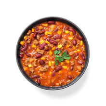 Traditional Mexican Dish Chili Con Carne With Minced Meat And Red Beans. Isolated On White Background