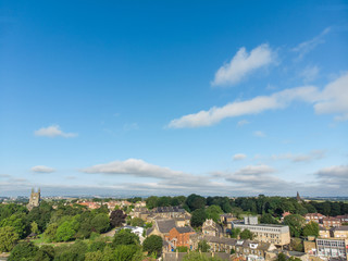 Aerial photo of the Leeds town of Pudsey in West Yorkshire, England showing typical British streets and business taken on a sunny bright summers day.