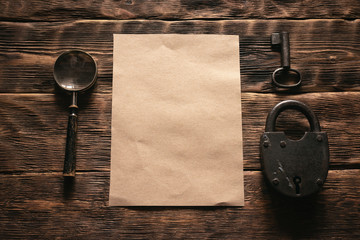 Wall Mural - top secret document with a confidential information mockup on a wooden table flat lay background.