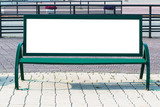 Fototapeta Dmuchawce - Billboard with blank white copy space for text message or content, mock up banner on a city bench, illuminated by sunlight 