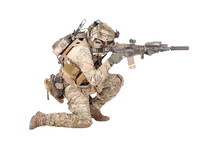 Soldier Shooting From Knee Isolated Studio Shoot