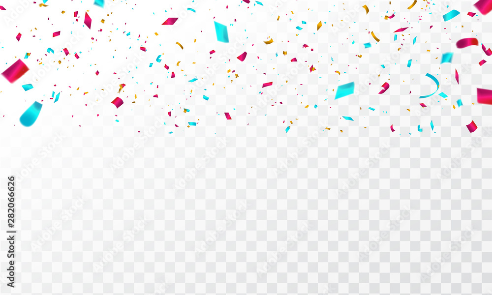 Celebration background template with confetti and colorful ribbons. - obrazy, fototapety, plakaty 