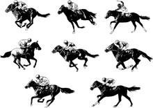 Racing Horses And Jockeys Sketch - Vector
