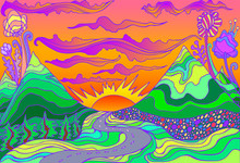 Retro Hippie Style Psychedelic Landscape  With Mountains, Sun And The Road Going Into The Sunset.