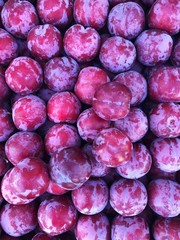 Delicious ripe plums on the market view