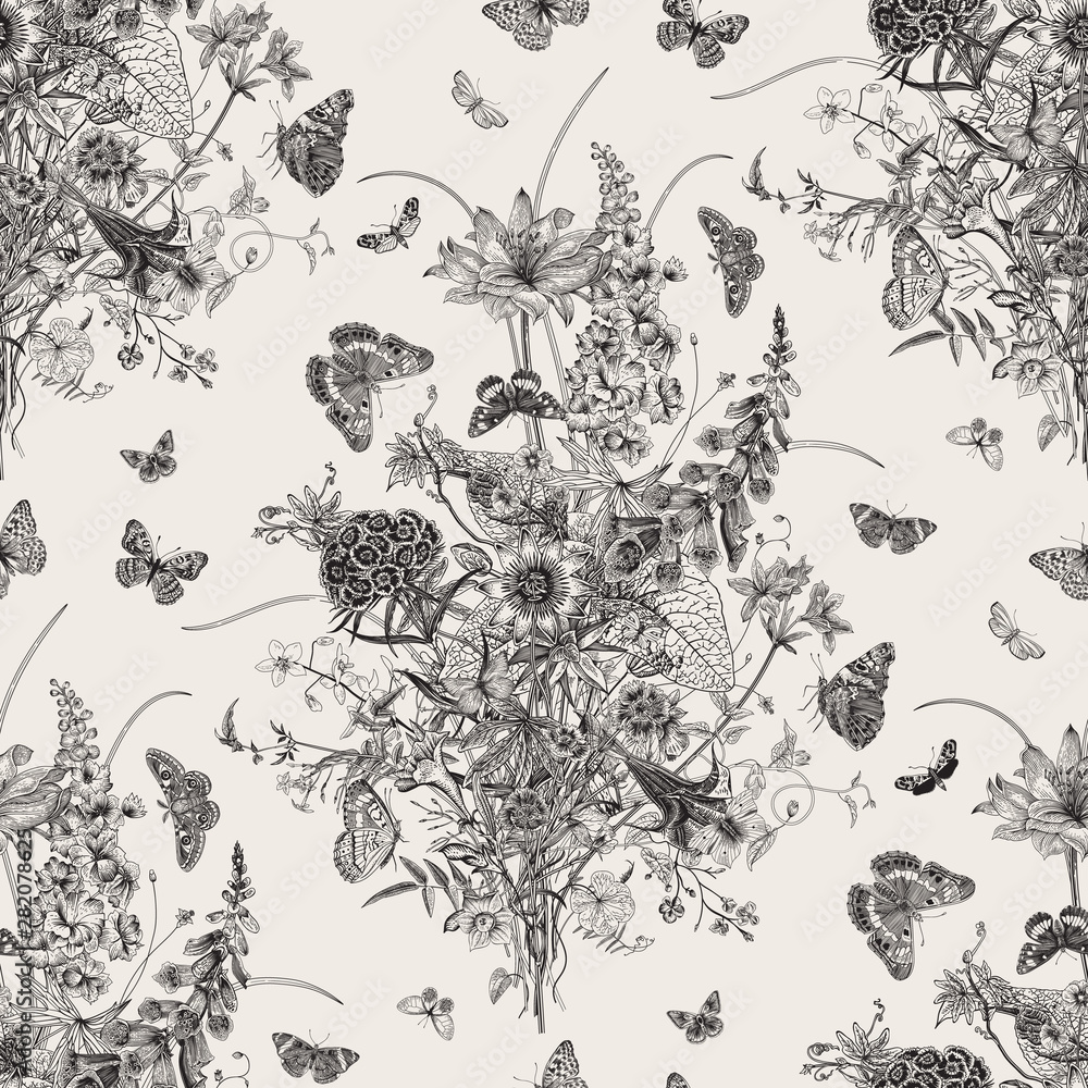 Seamless vector pattern with Victorian bouquet and butterflies. Garden flowers. Black and white - obrazy, fototapety, plakaty 