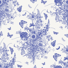 Seamless Vector Pattern With Victorian Bouquet And Butterflies. Garden Flowers. Toile De Jouy