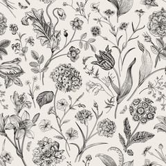 seamless vector vintage floral pattern. classic illustration. black and white..
