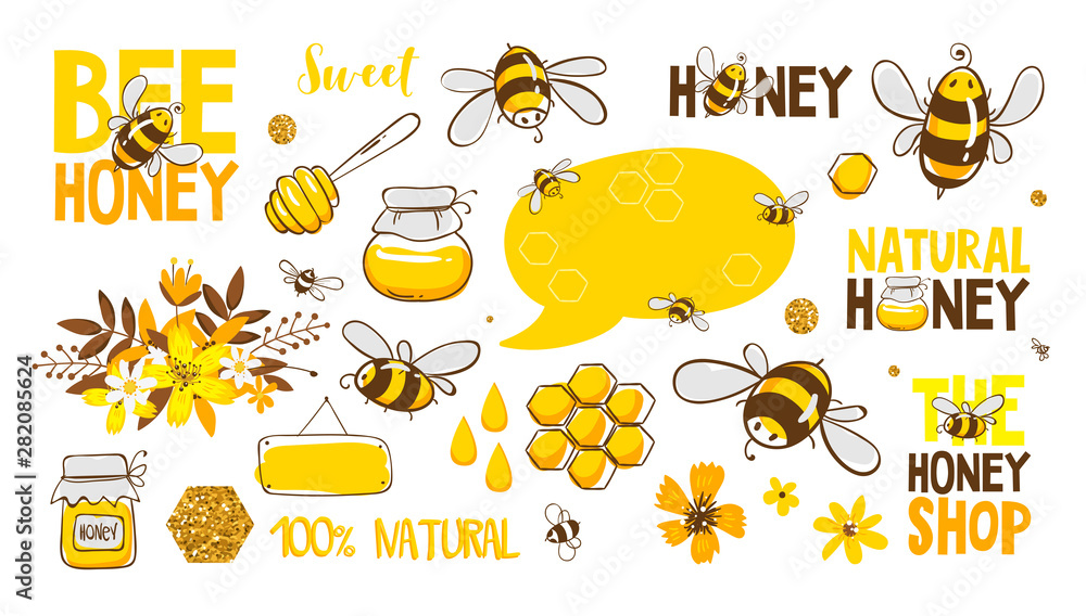 Set of bee, honey, lettering and other beekeeping illustration. Vector EPS10. - obrazy, fototapety, plakaty 