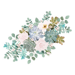 Wall Mural - Bouquet with leaves and succulent flowers, watercolor, isolated on white. Vector Watercolour.