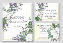 Wedding Invitation With Flowers And Leaves, Watercolor, Isolated On White. Vector Watercolour.