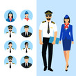 Illustration of stewardess dressed in blue uniform. Flight attendant and a pilot isolated. vector illustration. Pilot and stewardess icons vector