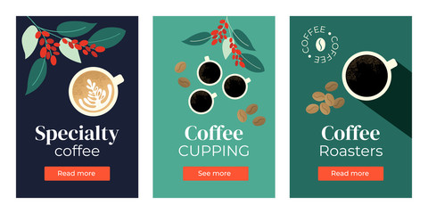 Wall Mural - Vector illustrations of Specialty coffee, cupping, roasters. Set of banners with cup of cappuccino, espresso, branches of coffee tree. Template for banner, landing page, website, advertisement, blog