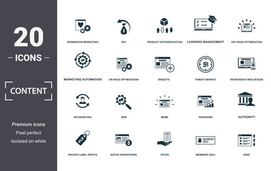 Wall Mural - content icon set. contain filled flat members only, native advertising, off-page optimization, pager