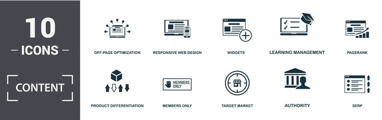 Wall Mural - content icon set. contain filled flat offer, off-page optimization, private label rights, product di