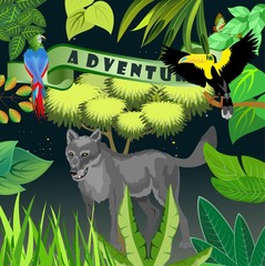 Wall Mural - Jungle floral frame, template design, wolf in the jungle bird on tree branch, 