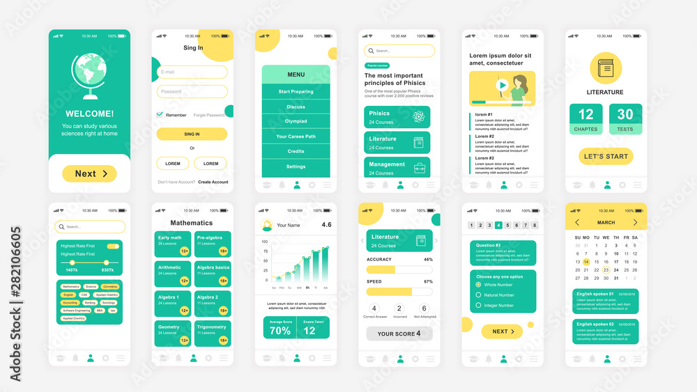 Set of UI, UX, GUI screens Education app flat design template for ...