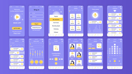 Set of UI, UX, GUI screens Music app flat design template for mobile apps, responsive website wireframes. Web design UI kit. Music Dashboard.