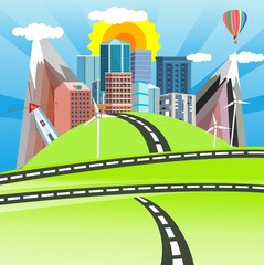 Wall Mural - Countryside and Urban landscape city buildings, towers . town and clouds in the sky. vector