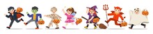 Set Of Children Dressed In Halloween Fancy Dress To Go Trick Or Treating. Happy Halloween.