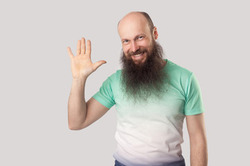 Portrait of happy middle aged bald man with long beard in light green t-shirt standing looking with toothy smile and waving his hand and greeting. indoor studio shot, isolated on grey background.