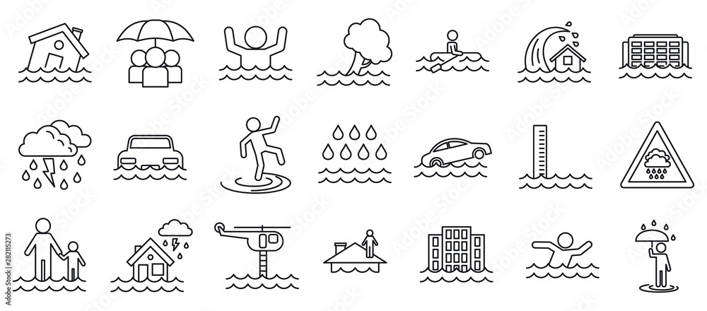 Flood cataclysm icons set. Outline set of flood cataclysm vector icons for web design isolated on white background - obrazy, fototapety, plakaty 