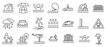Flood Cataclysm Icons Set. Outline Set Of Flood Cataclysm Vector Icons For Web Design Isolated On White Background